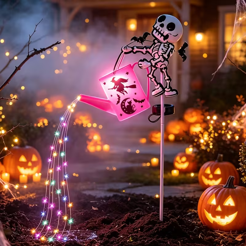 Halloween boszorkány napelemes kerti lámpa, öntözőkanna tündérfüzér fény, napelemes automatikus be- és kikapcsoló kültéri ösvényvilágítás udvari gyepre, teraszra