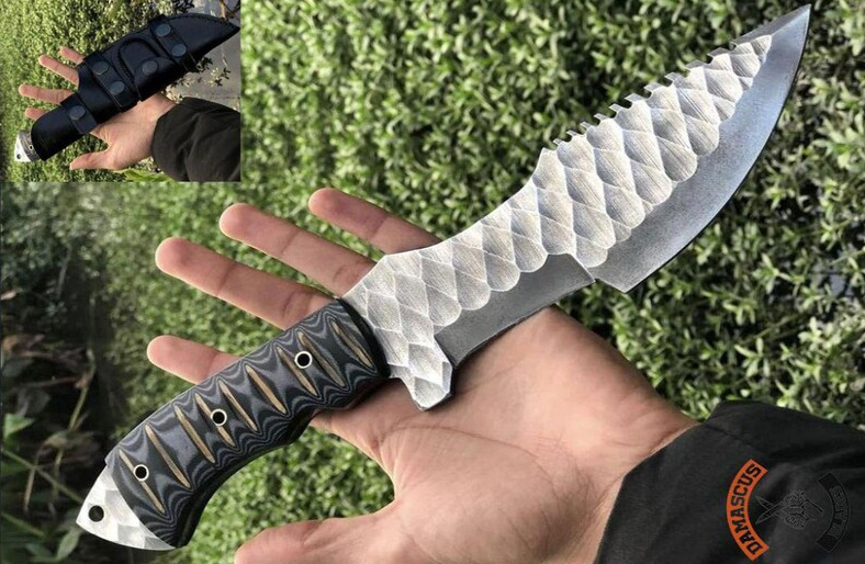 Kézzel készített damaszkuszi acél kés: G10 markolat, (bőr tok) ✨