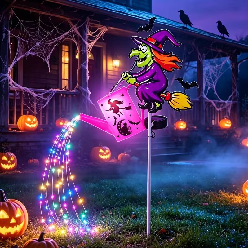 Halloween boszorkány napelemes kerti lámpa, öntözőkanna tündérfüzér fény, napelemes automatikus be- és kikapcsoló kültéri ösvényvilágítás udvari gyepre, teraszra
