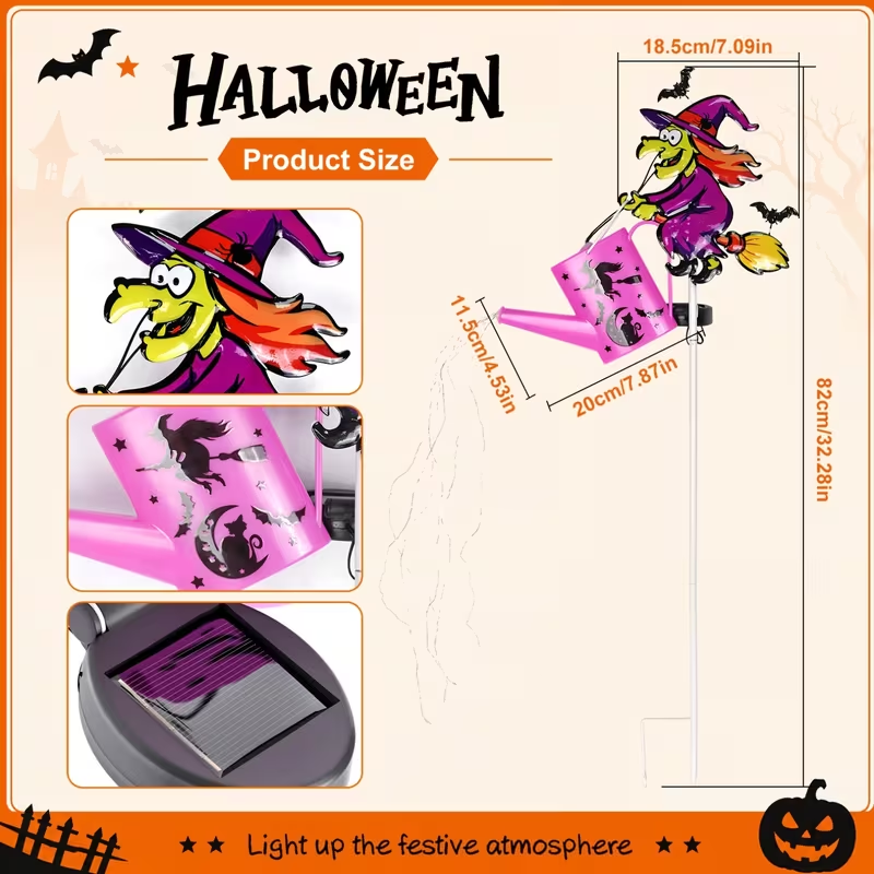 Halloween boszorkány napelemes kerti lámpa, öntözőkanna tündérfüzér fény, napelemes automatikus be- és kikapcsoló kültéri ösvényvilágítás udvari gyepre, teraszra