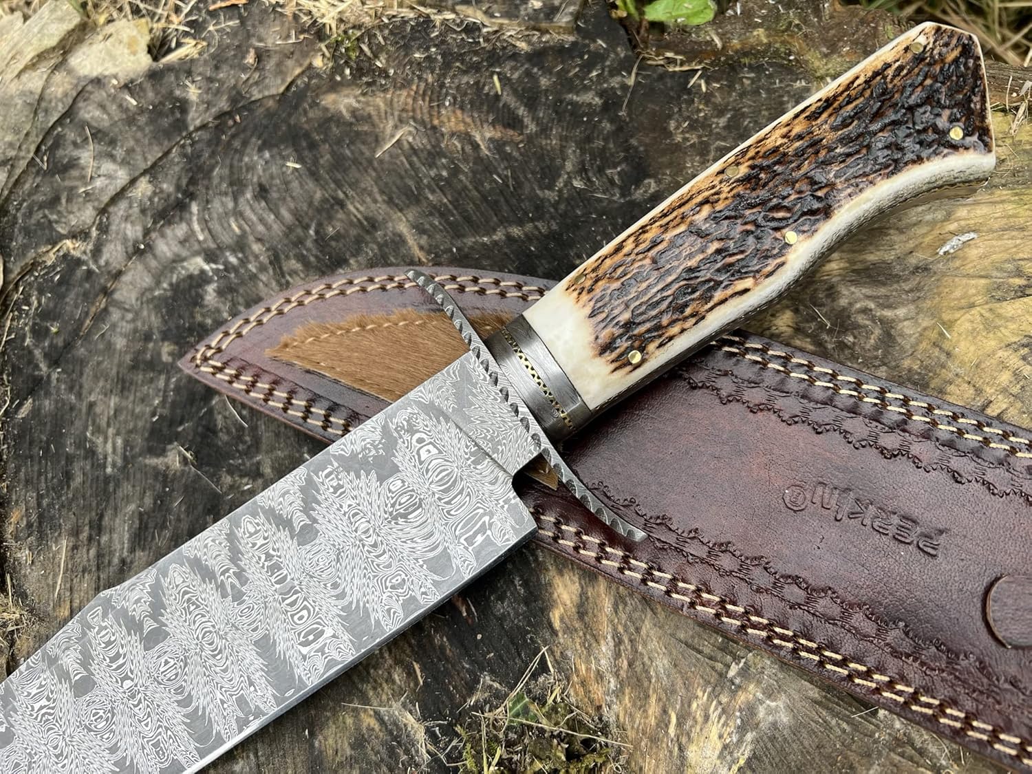 🔥 Damaszkuszi acél Bowie kés, kézzel készített (bőrtokkal)