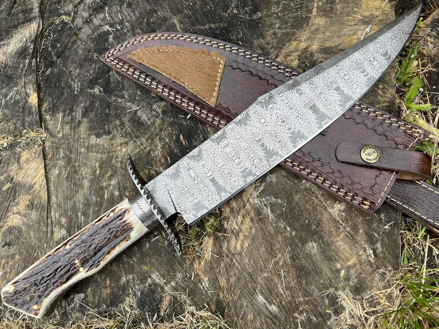 🔥 Damaszkuszi acél Bowie kés, kézzel készített (bőrtokkal)