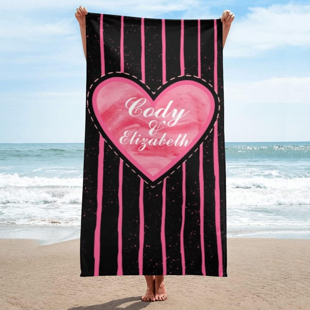 AISENIN Personalized Love Heart Beach Towel Custom with Their Own Name Soft Absorbent Microfiber Customized Bath Towel for Couples Wife Girlfriend