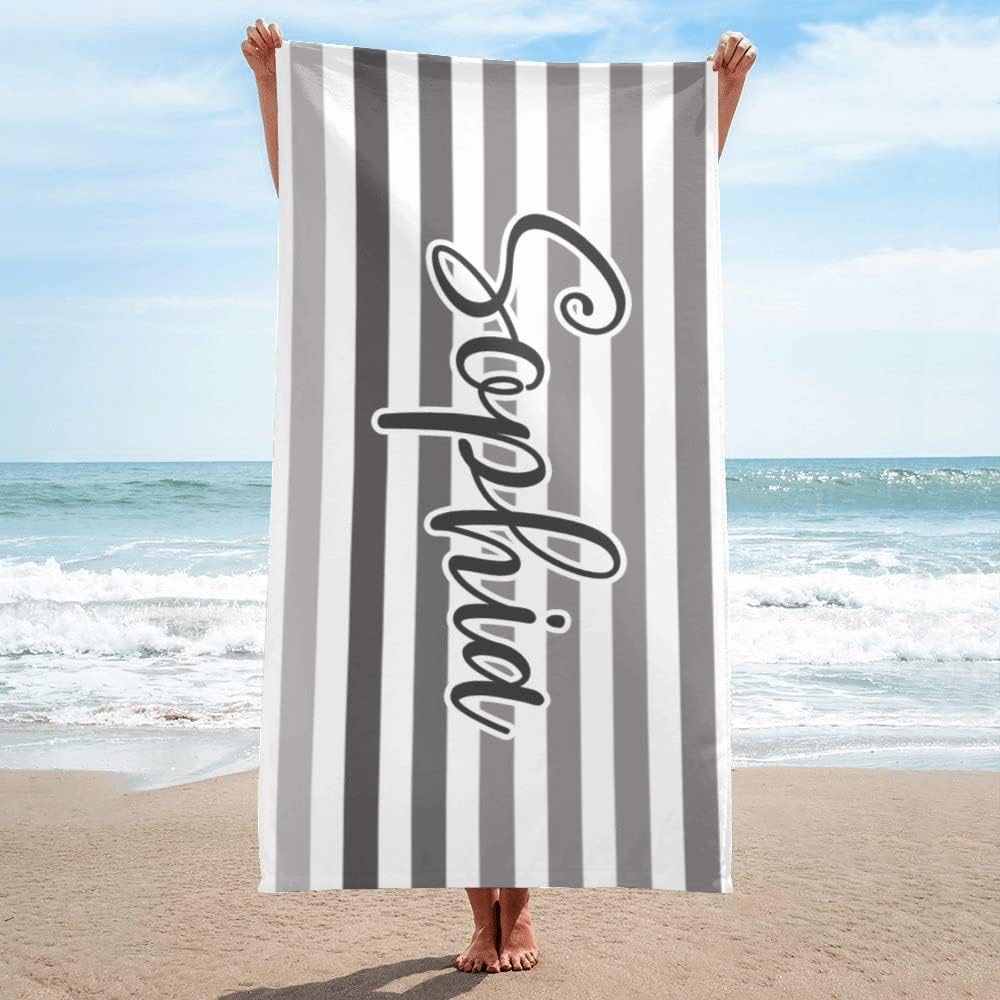 AISENIN Striped Beach Towel Custom Personalized with Name Soft Absorbent Customized Bath Towel for Kids Adults Couples Friends Gift
