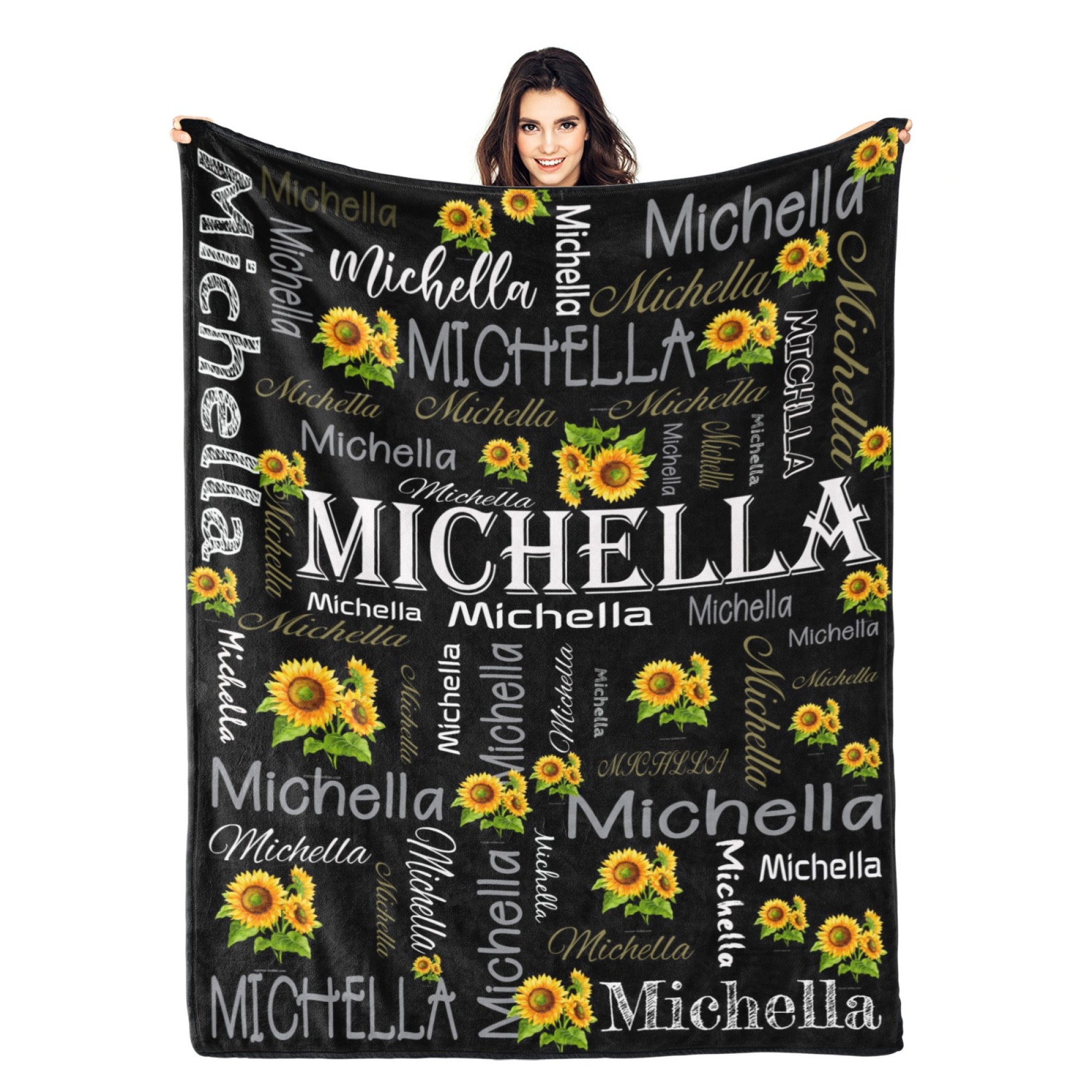 Custom Name Blanket Personalized Name Blanket Customized Throw Blankets with Text Sunflower Blankets Custom Gift for Valentine's Day Mothers Day Birthday Christmas