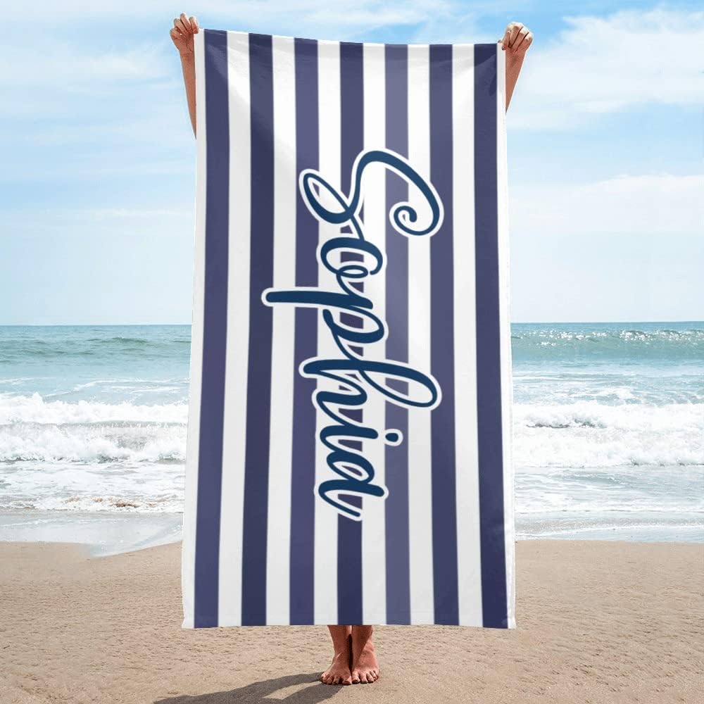  AISENIN Personalized Stripe Beach Towel Custom with Name Double-Sided Printing Soft Absorbent Customized Bath Towel for Kids Adults Couples Friends Gift