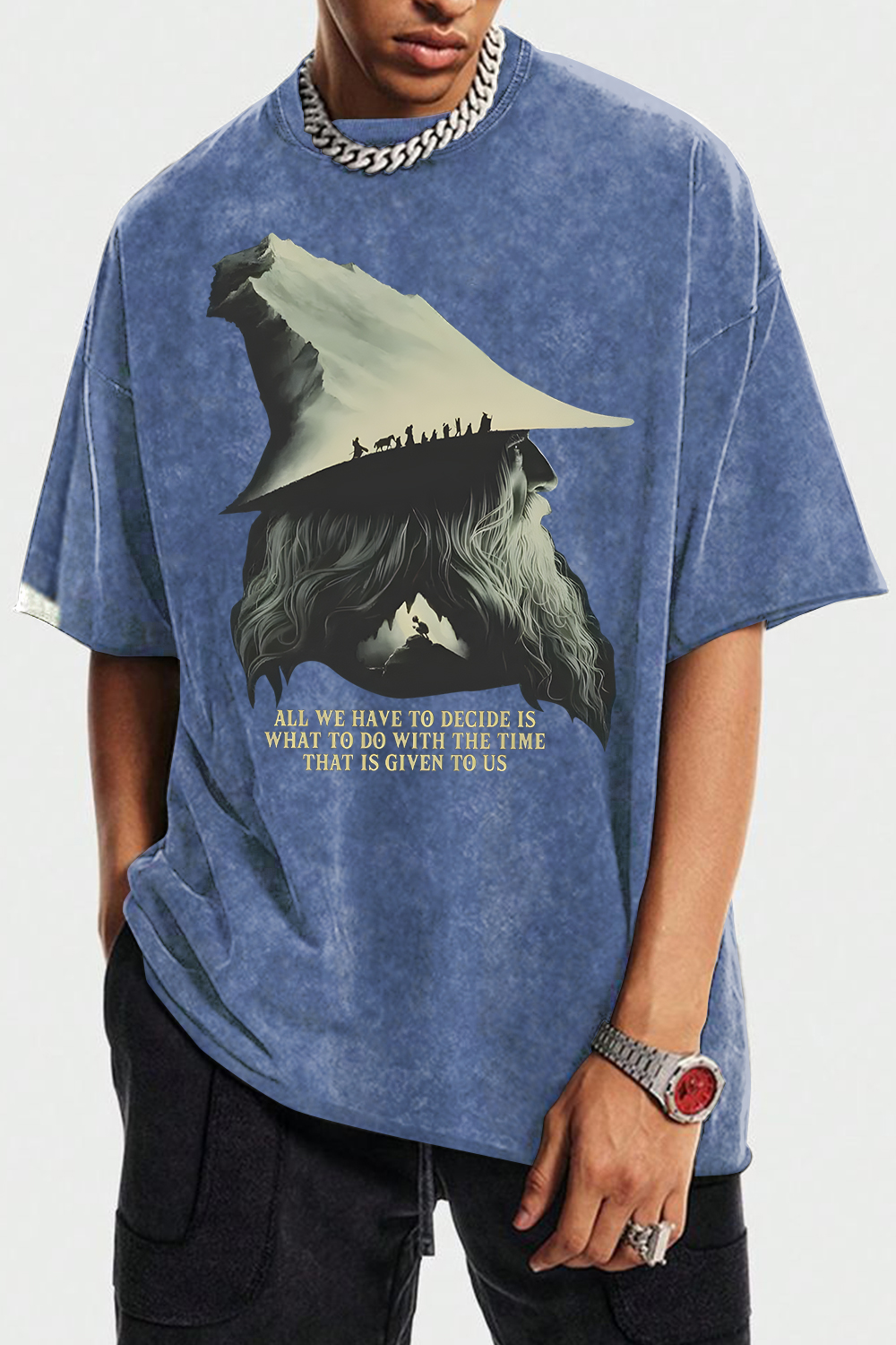 Washed cotton LOTR Gandalf Quote All We Have To Decide Front Vintage Shirt Tee - Men