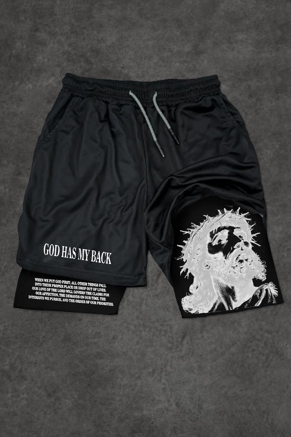 Jesus-printed 2-in-1 sports shorts?