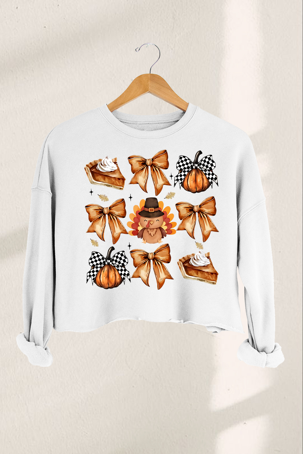 Retro Thanksgiving Fall Pumpkin Bow  Cropped Sweatshirt  For Women