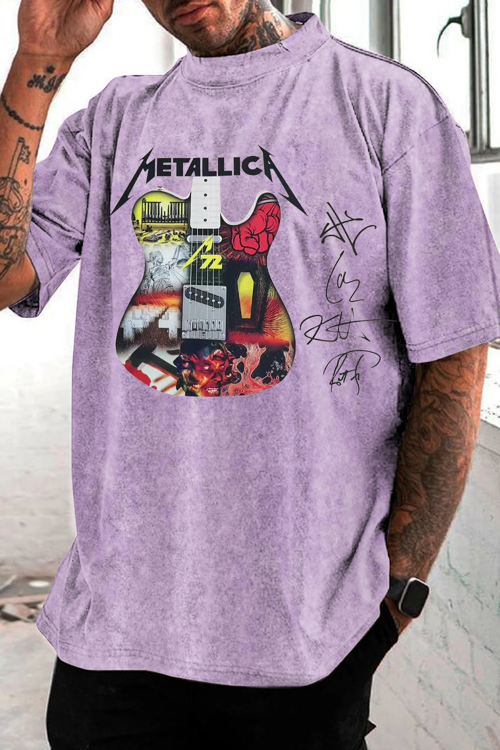 METAL!ICA 2025 LAYERED ELECTRIC GUITAR washed cotton printed short-sleeved T-shirt