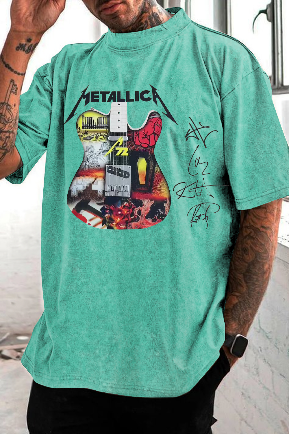 METAL!ICA 2025 LAYERED ELECTRIC GUITAR washed cotton printed short-sleeved T-shirt