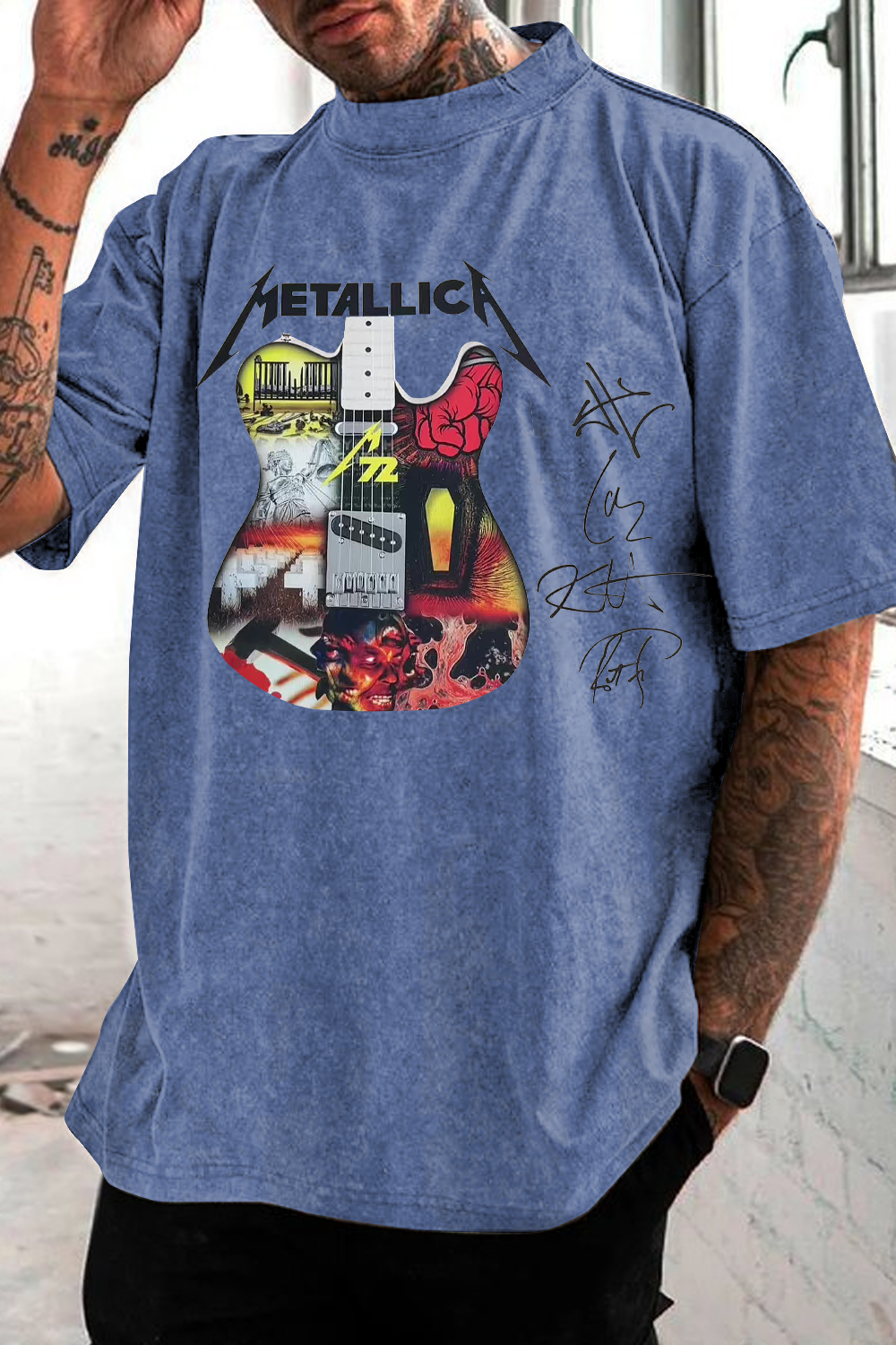METAL!ICA 2025 LAYERED ELECTRIC GUITAR washed cotton printed short-sleeved T-shirt