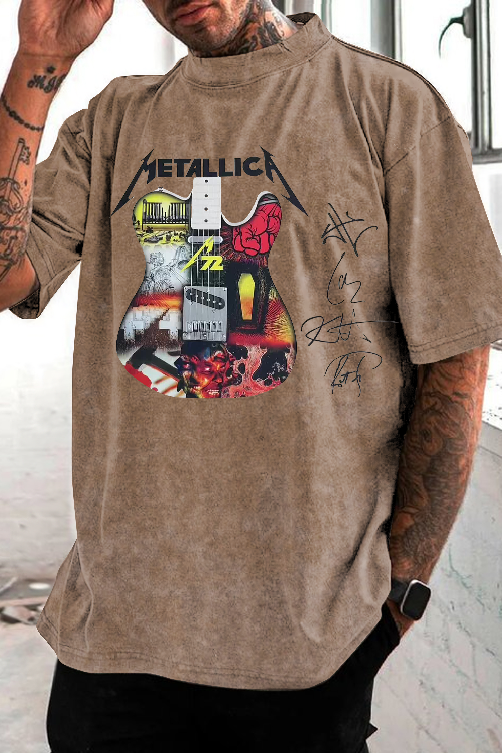 METAL!ICA 2025 LAYERED ELECTRIC GUITAR washed cotton printed short-sleeved T-shirt