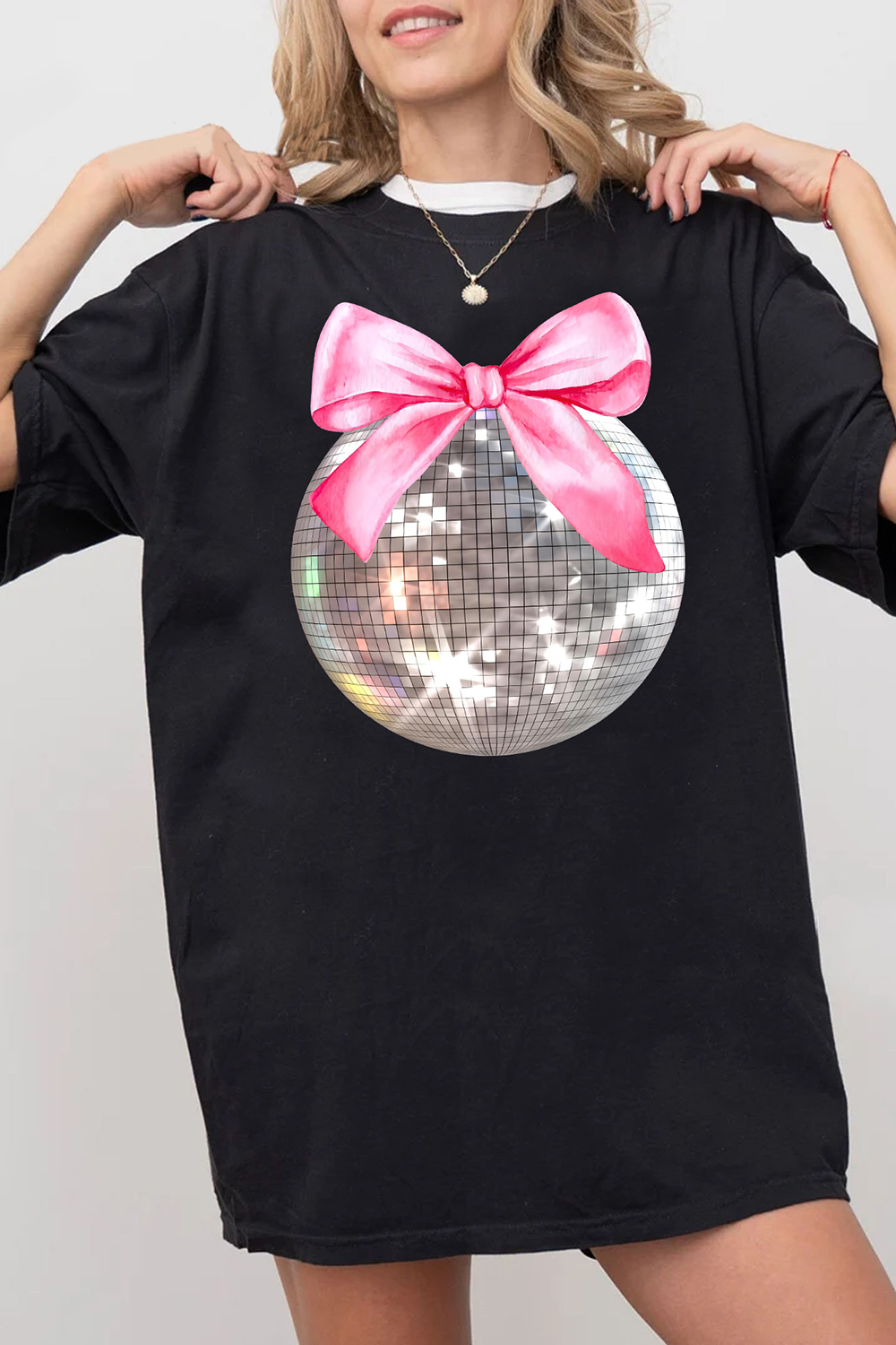 Pink Bow Coquette Disco Ball Tee For Women