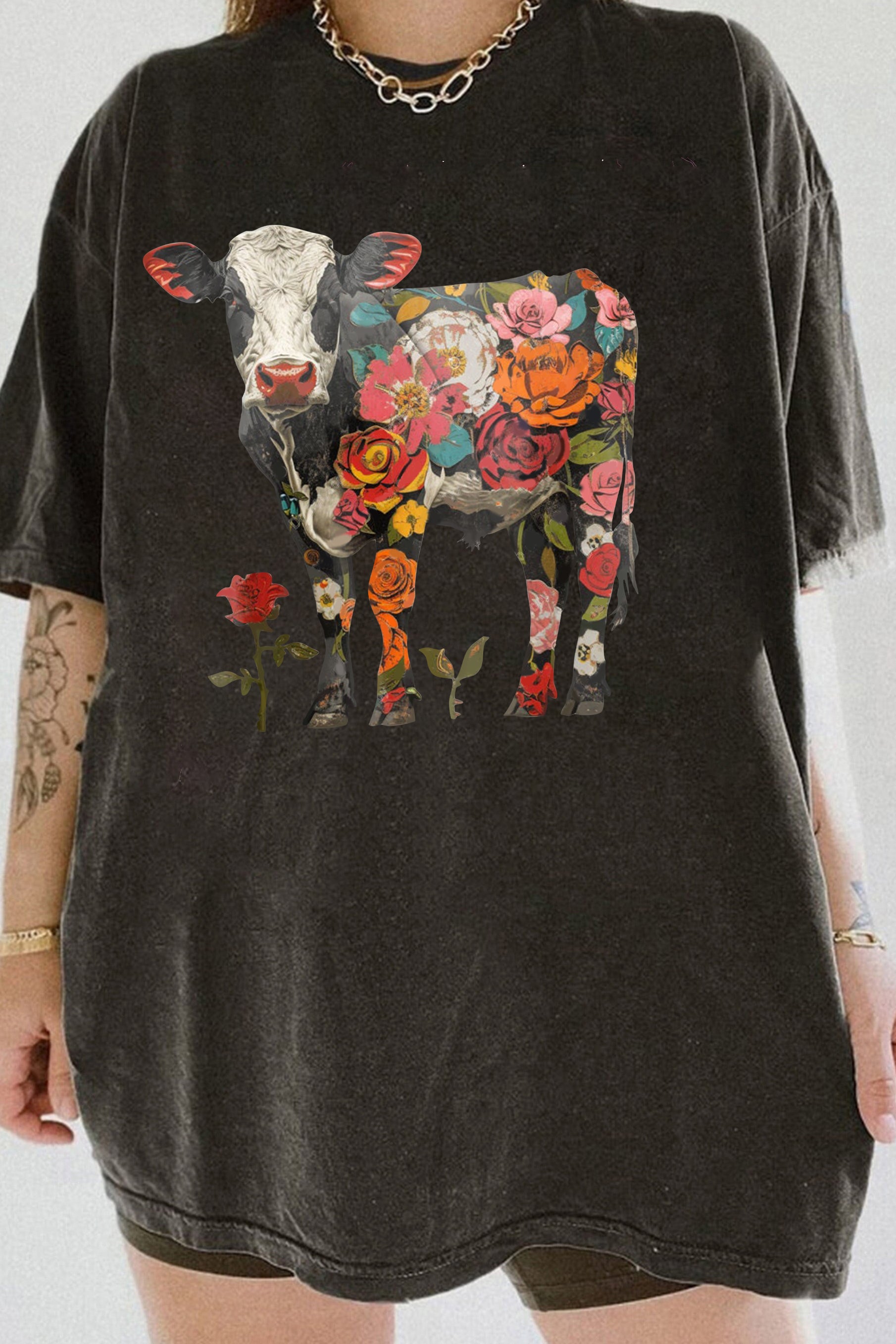 Floral Cow Roses Farm Tee For Women