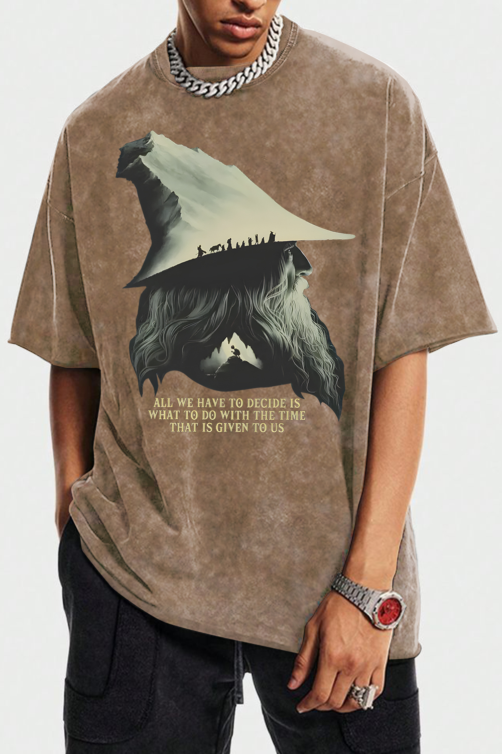 Washed cotton LOTR Gandalf Quote All We Have To Decide Front Vintage Shirt Tee - Men