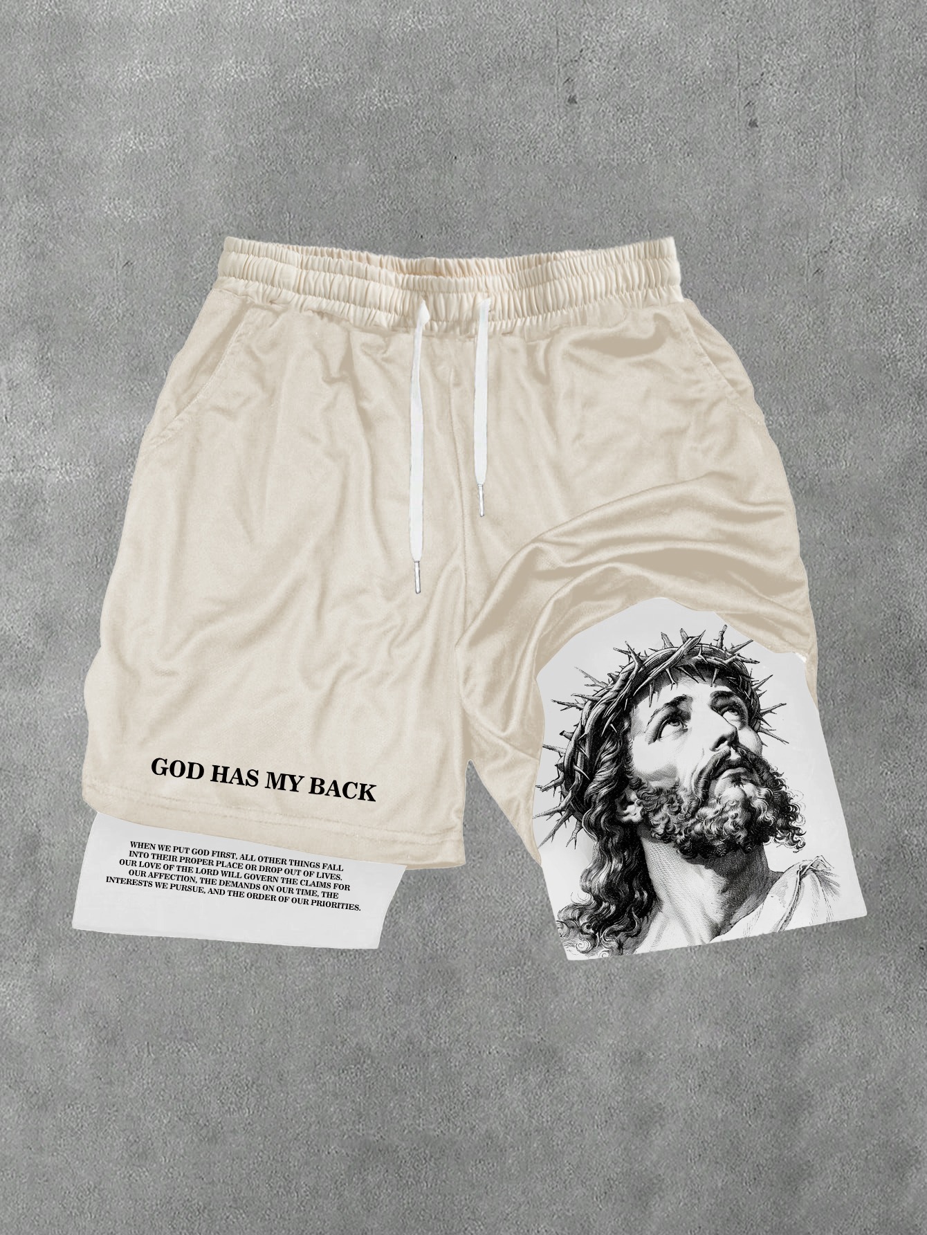 Jesus-printed 2-in-1 sports shorts?