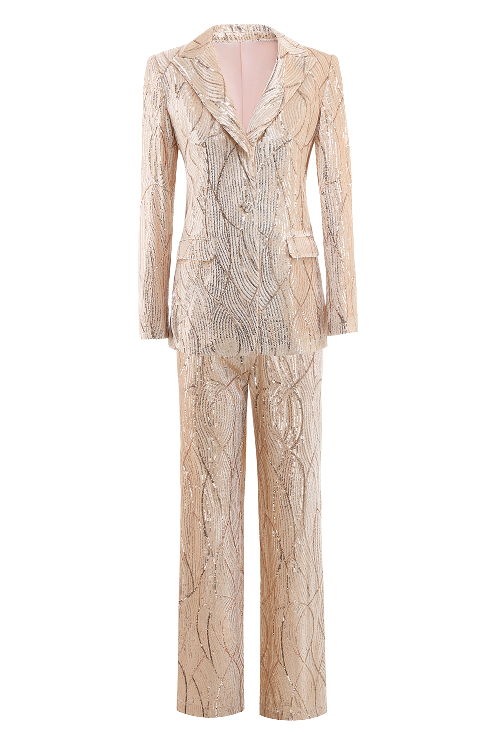 Leely Sparkly 2 Piece Champagne V Neck Fitted Formal Women Suits