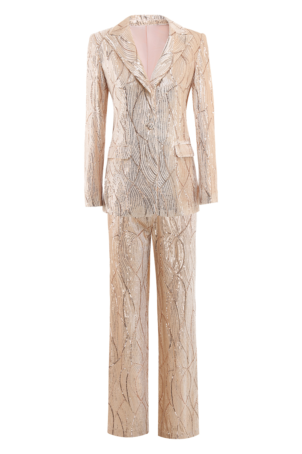 Leely Sparkly 2 Piece Champagne V Neck Fitted Formal Women Suits