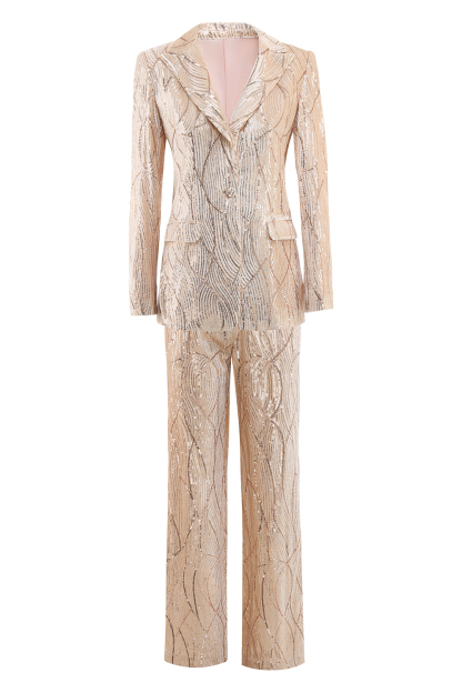 Leely Sparkly 2 Piece Champagne V Neck Fitted Formal Women Suits