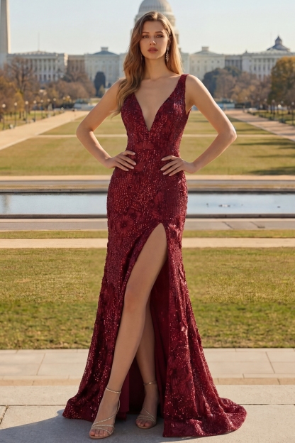 Sparkly Navy Sequin Mermaid Long Prom Dress with Slit