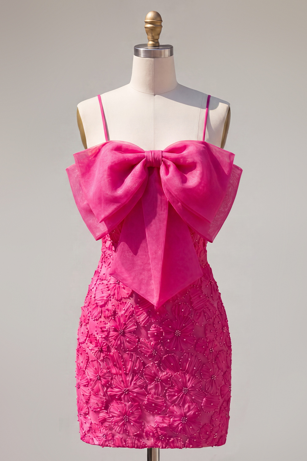 Sparkly Pink Beaded Short Bodycon Floral Homecoming Dress with Bow