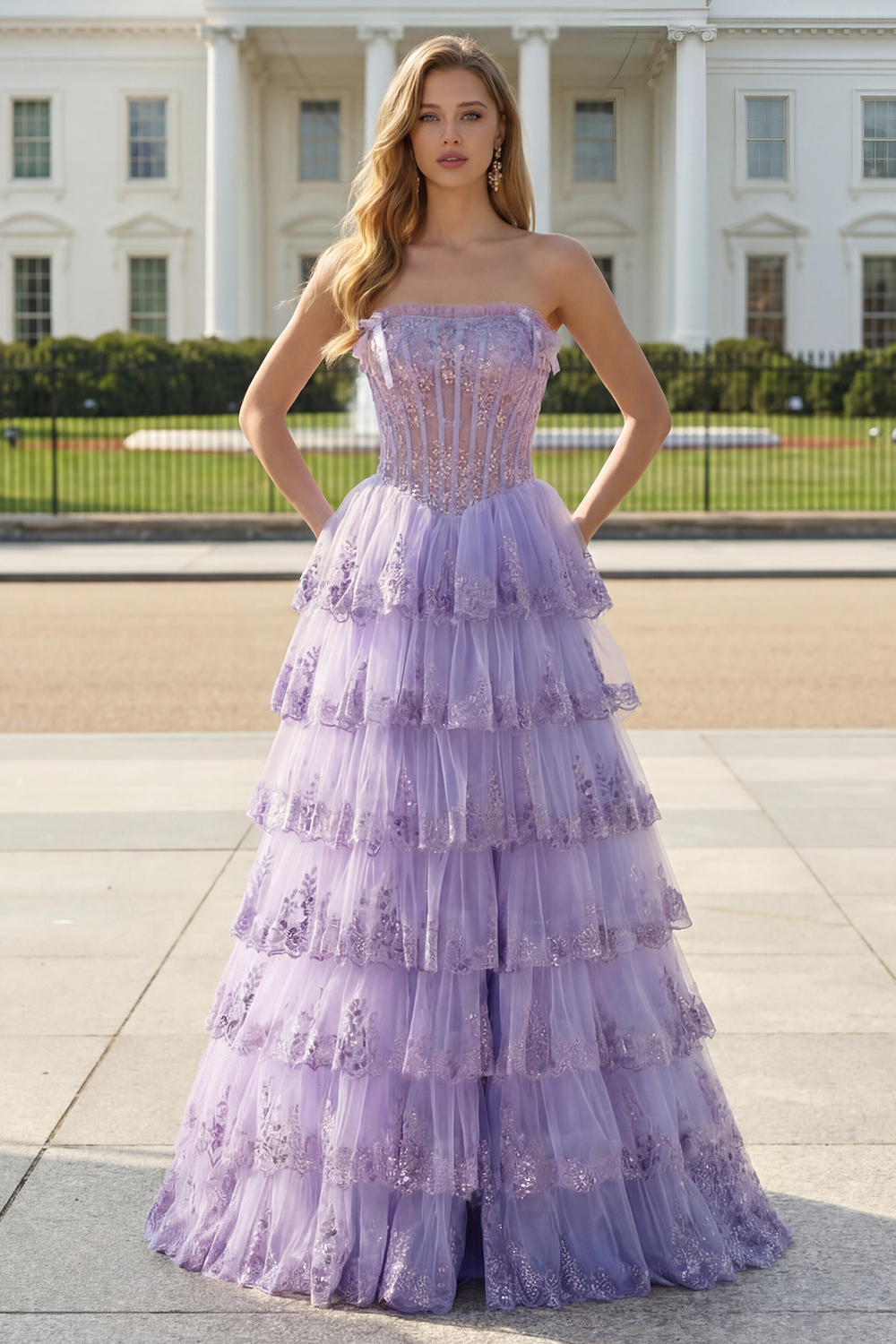 Floral Lilac Tiered Ruffled Tulle Long Corset Prom Dress with Slit