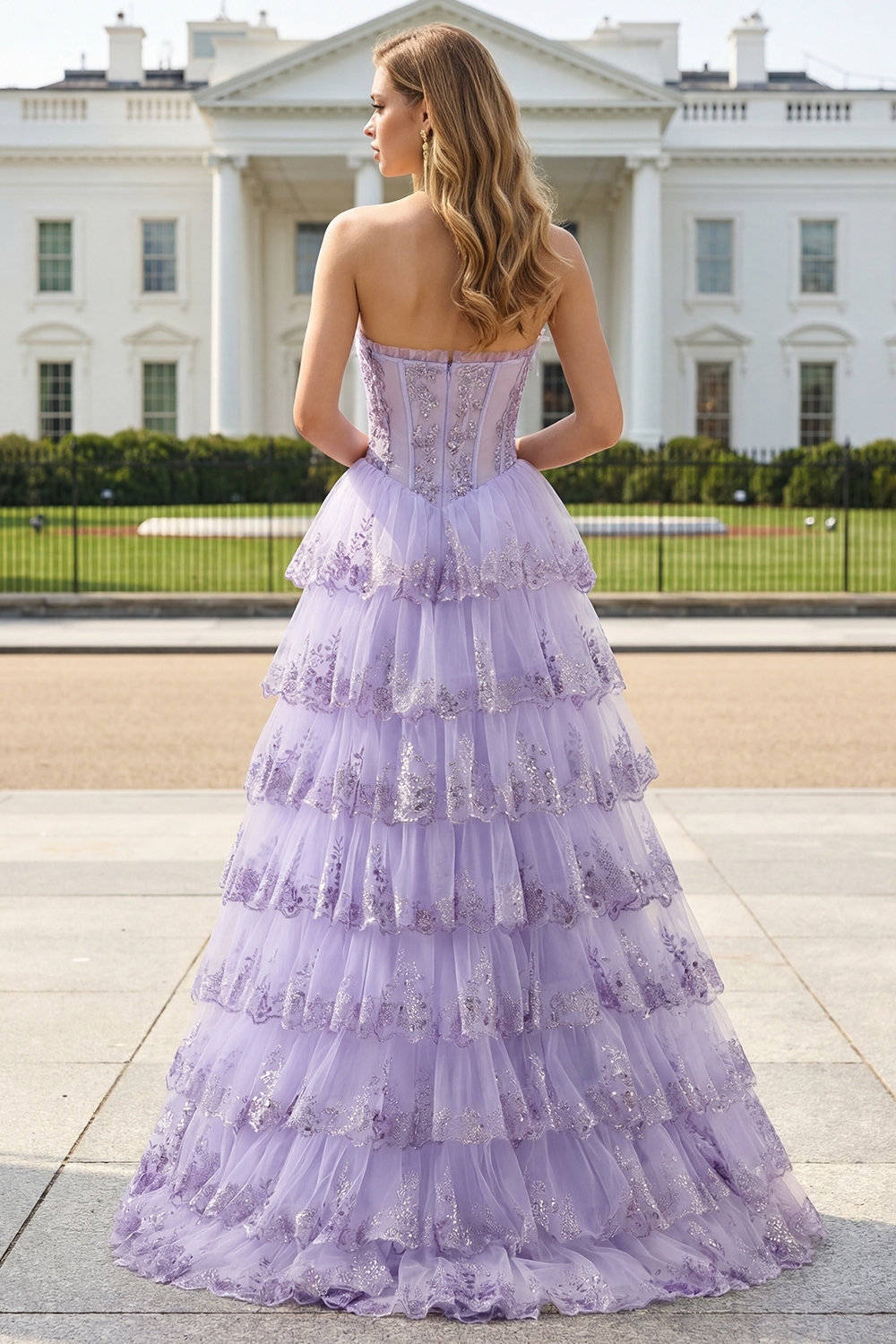 Floral Lilac Tiered Ruffled Tulle Long Corset Prom Dress with Slit