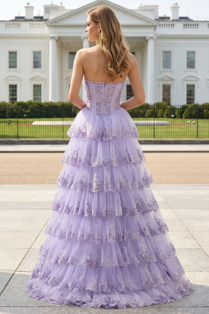 Floral Lilac Tiered Ruffled Tulle Long Corset Prom Dress with Slit