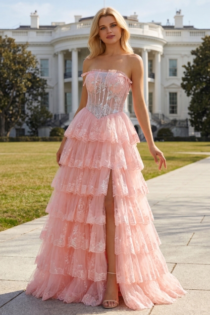 Floral Lilac Tiered Ruffled Tulle Long Corset Prom Dress with Slit