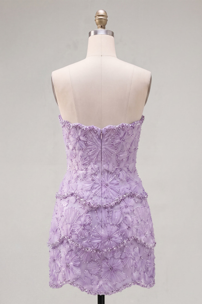 Sparkly Pink Beaded Bodycon Floral Short Homecoming Dress