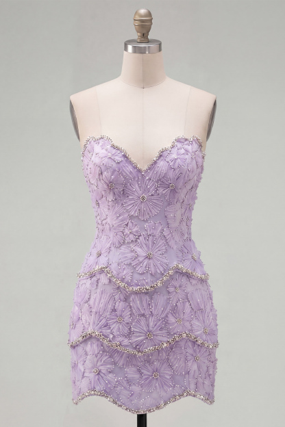 Sparkly Pink Beaded Bodycon Floral Short Homecoming Dress