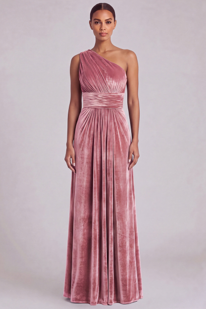 Velvet One Shoulder Olive A-Line Bridesmaid Dress