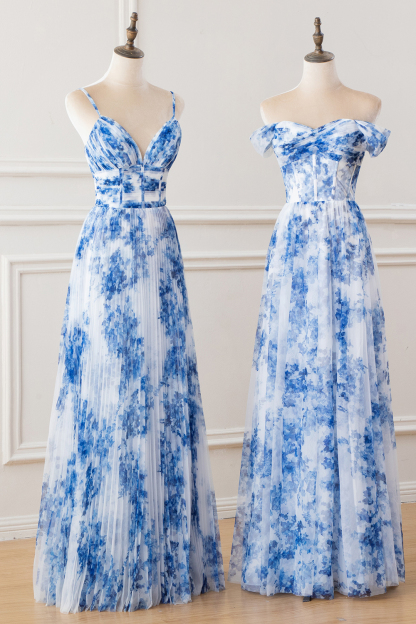 White Blue Flower Off the Shoulder Printed Bridesmaid Dress with Slit