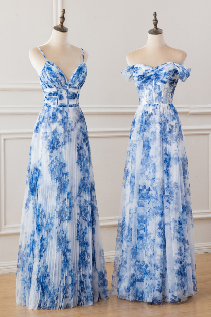 White Blue Flower Off the Shoulder Printed Bridesmaid Dress with Slit