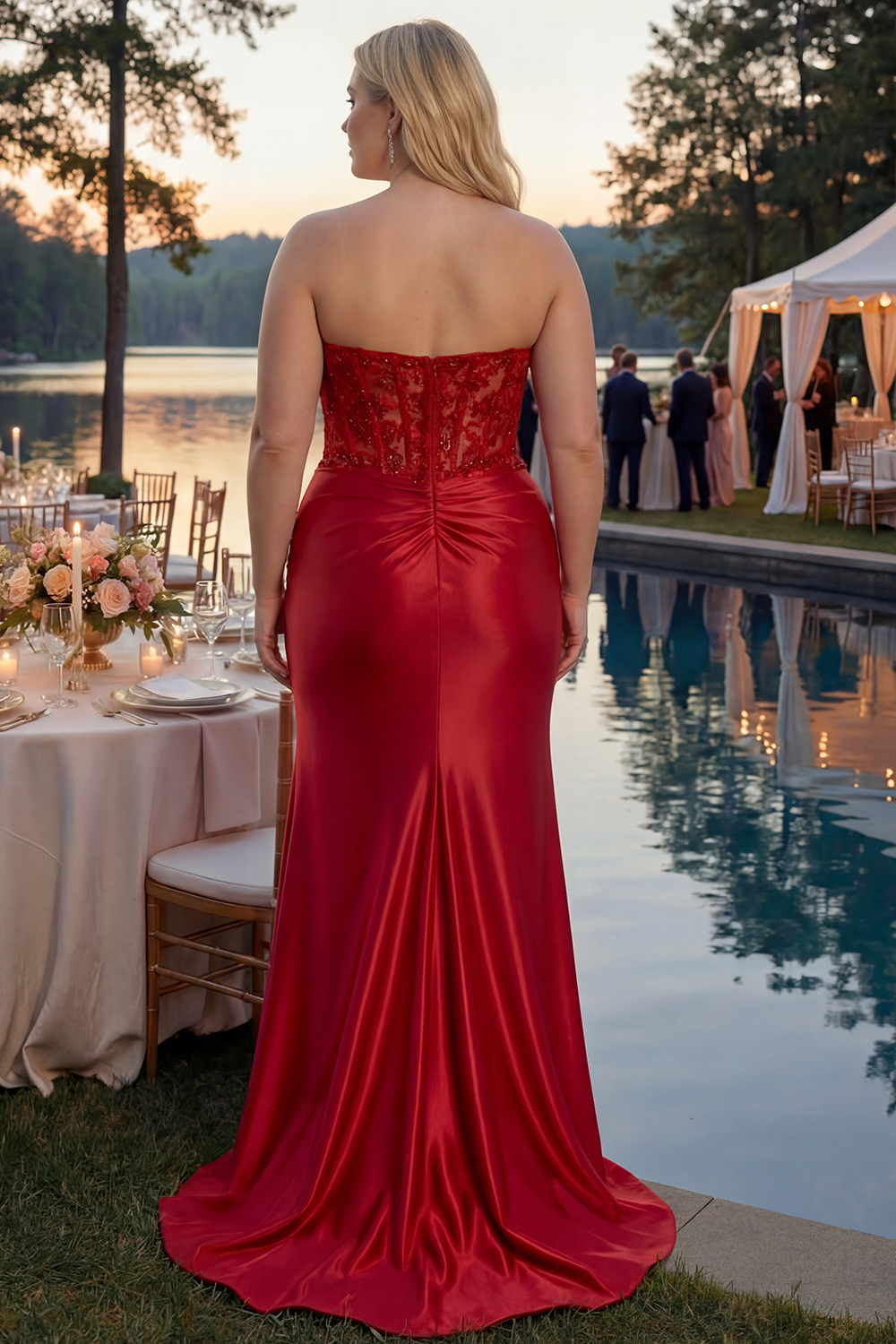 Sparkly Red Appliqued Strapless Mermaid Corset Maxi Prom Dress with Slit