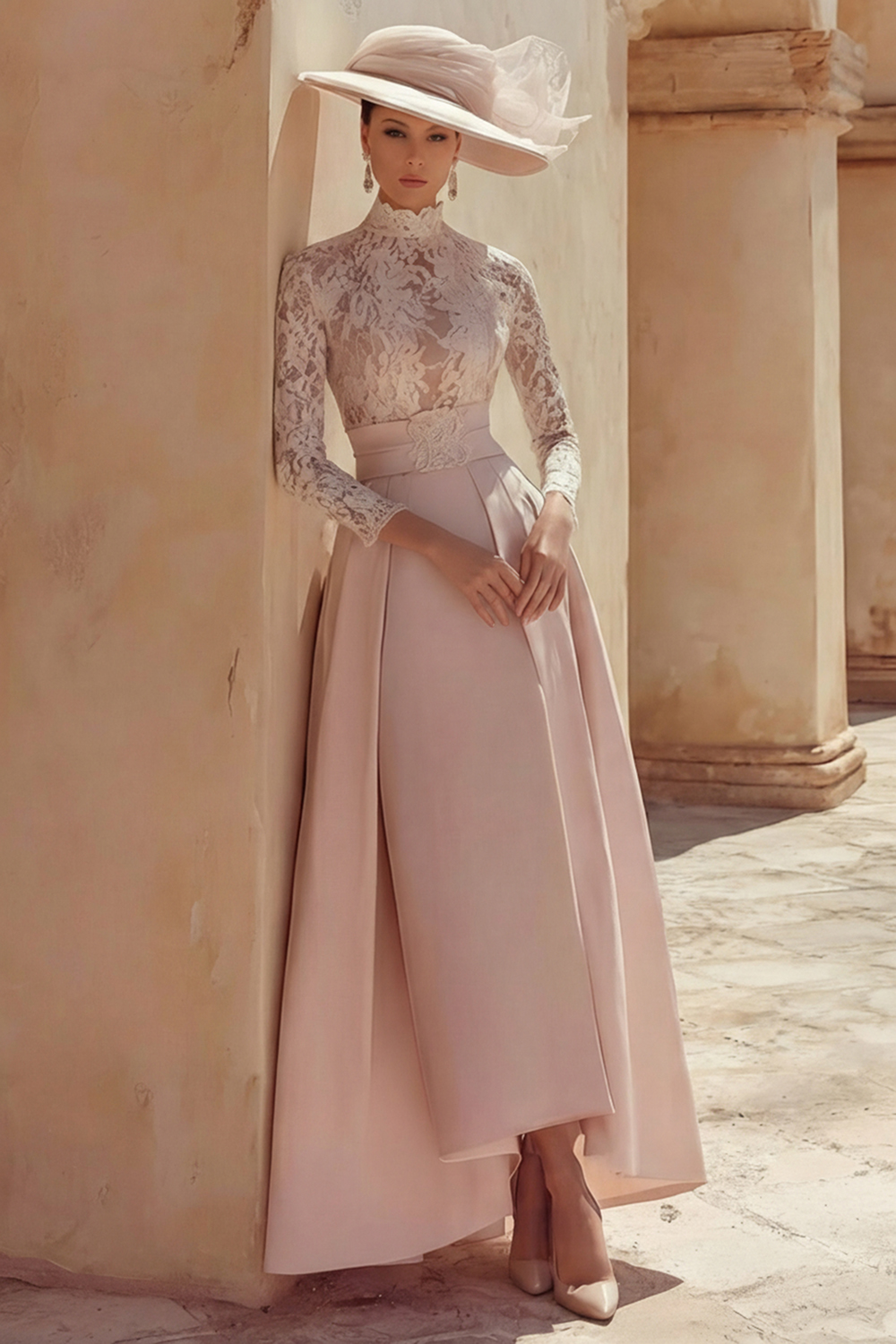Candy Pink Long High Neck Mother of the Bride Dress with Lace