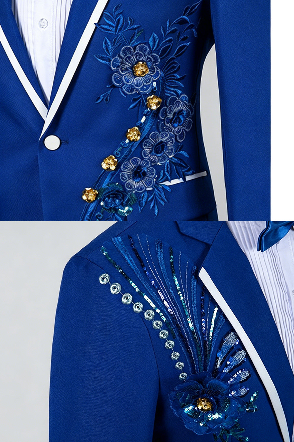 Blue Notch Lapel Beaded Men's One Button Prom Suits