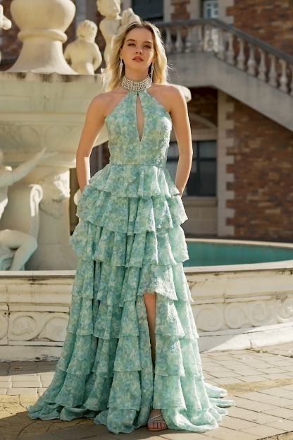 Sparkly Sage Green Tiered A Line Keyhole Long Prom Dress with Slit