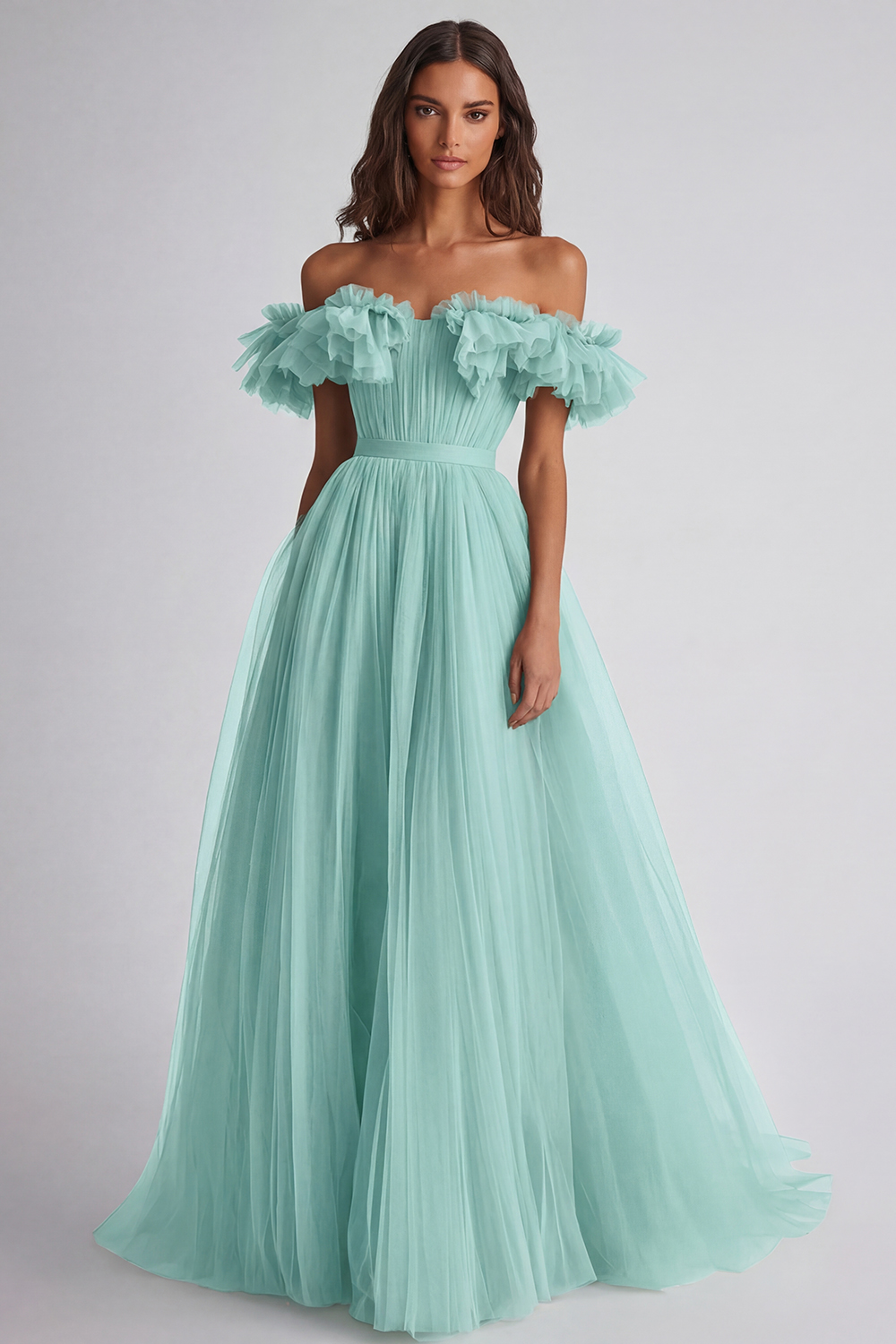 Dusty Sage A Line Tulle Long Wedding Guest Dress with Ruffles