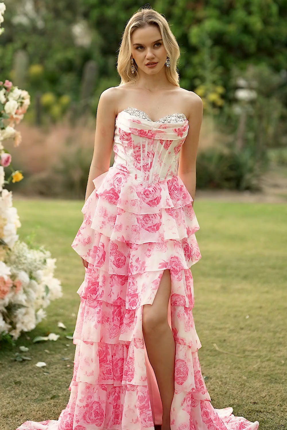 Sparkly White and Pink Ruffled Strapless Floral Corset Long Prom Dress