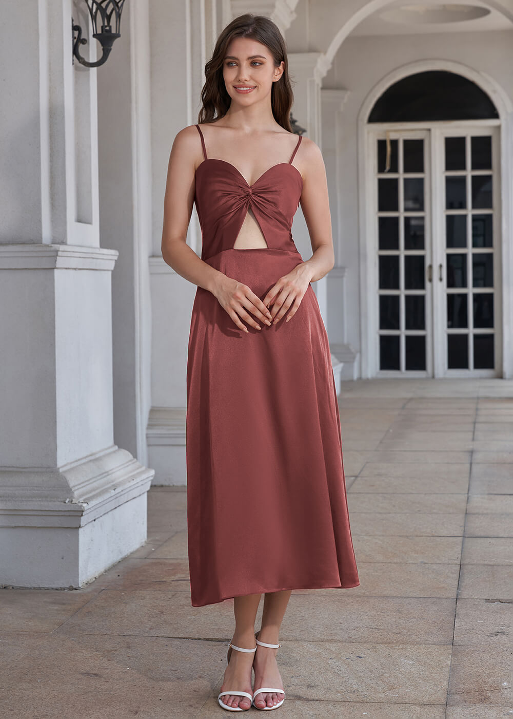 Tea Length A-line Sweetheart Neck Spaghetti Strap Bridesmaid Dress