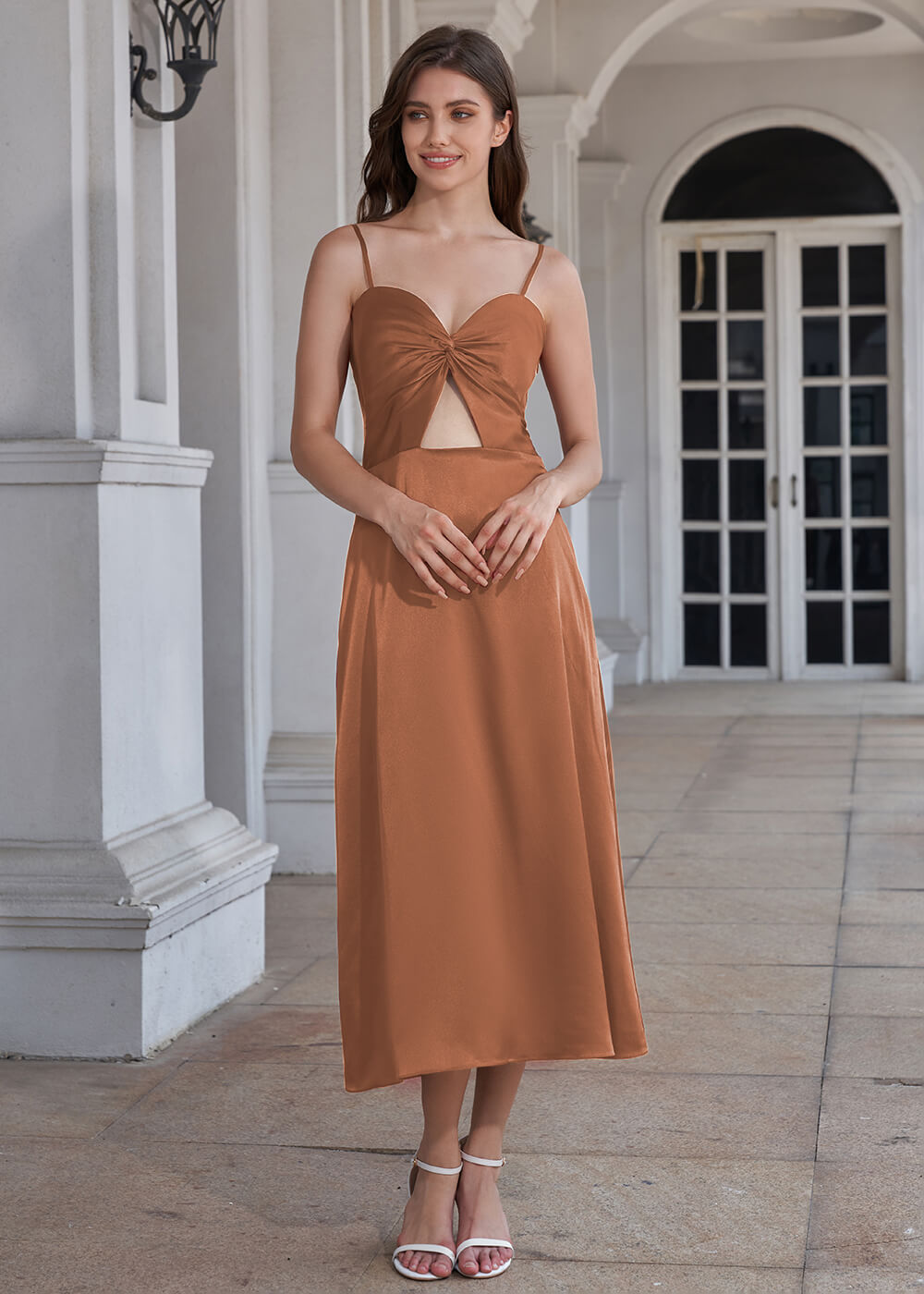 Tea Length A-line Sweetheart Neck Spaghetti Strap Bridesmaid Dress