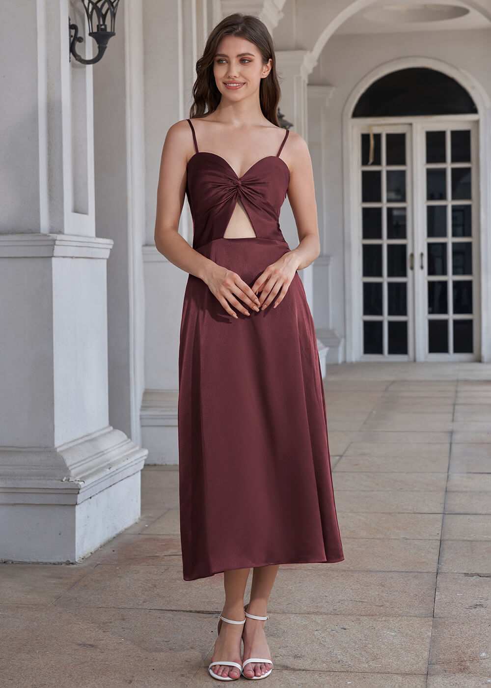 Tea Length A-line Sweetheart Neck Spaghetti Strap Bridesmaid Dress