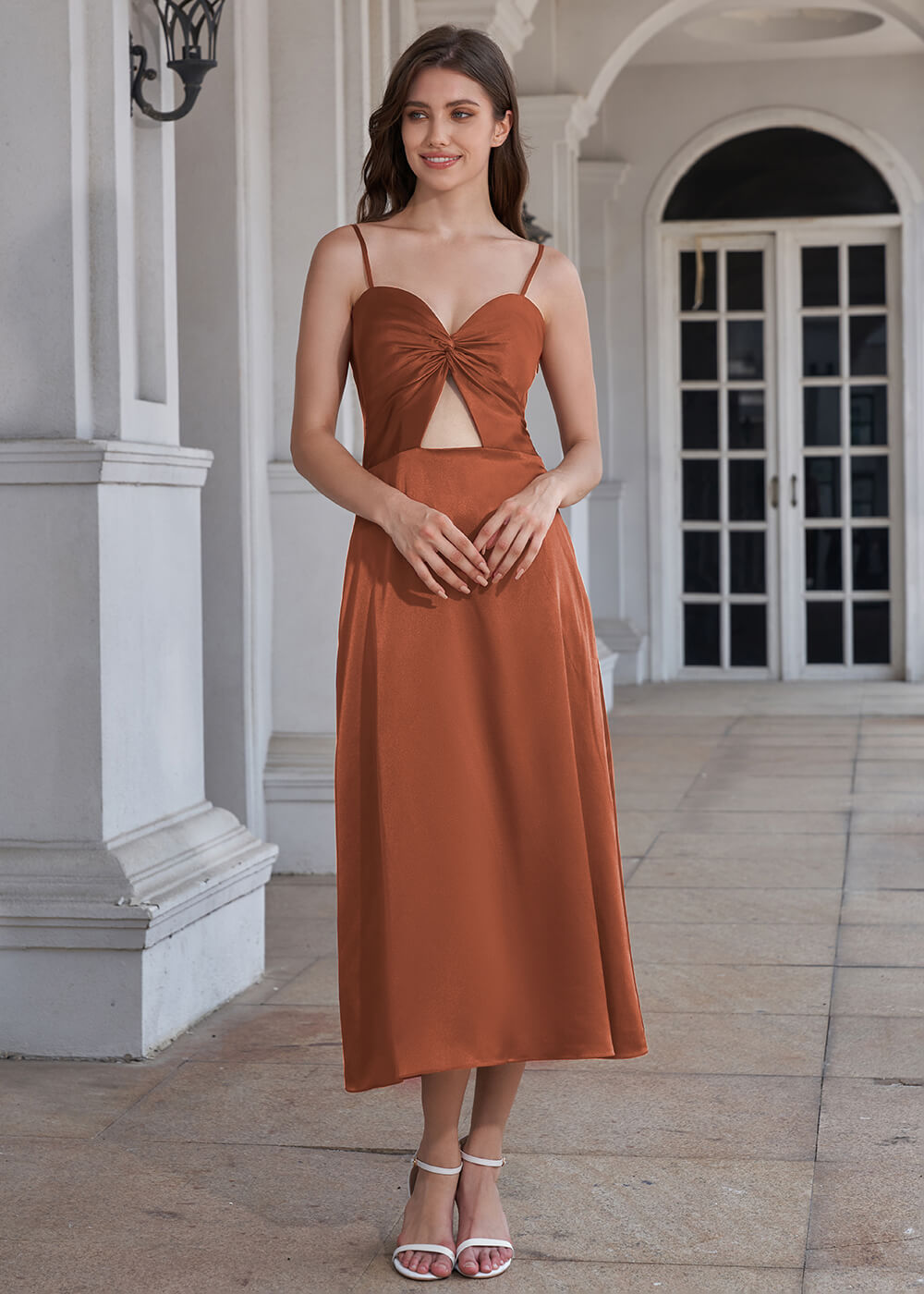 Tea Length A-line Sweetheart Neck Spaghetti Strap Bridesmaid Dress
