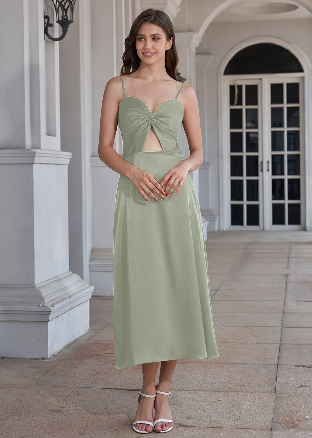 Tea Length A-line Sweetheart Neck Spaghetti Strap Bridesmaid Dress