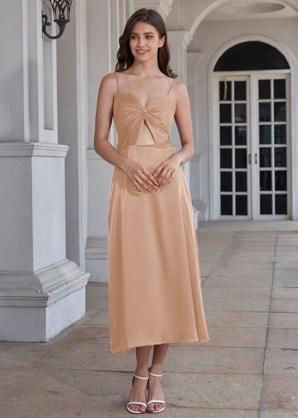 Tea Length A-line Sweetheart Neck Spaghetti Strap Bridesmaid Dress