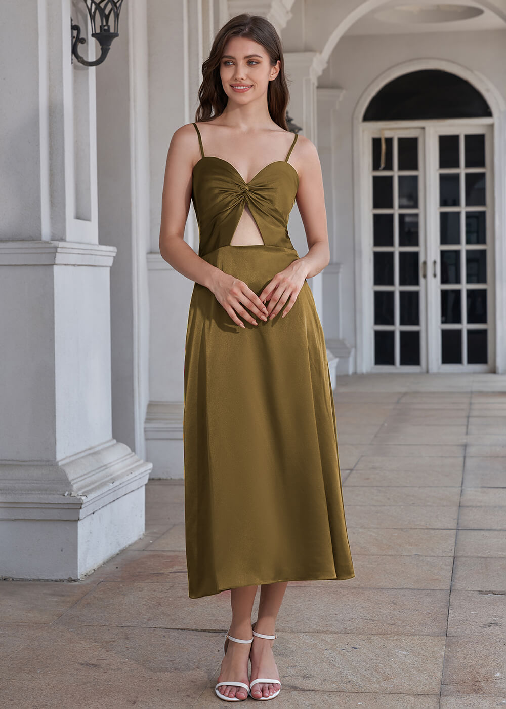 Tea Length A-line Sweetheart Neck Spaghetti Strap Bridesmaid Dress