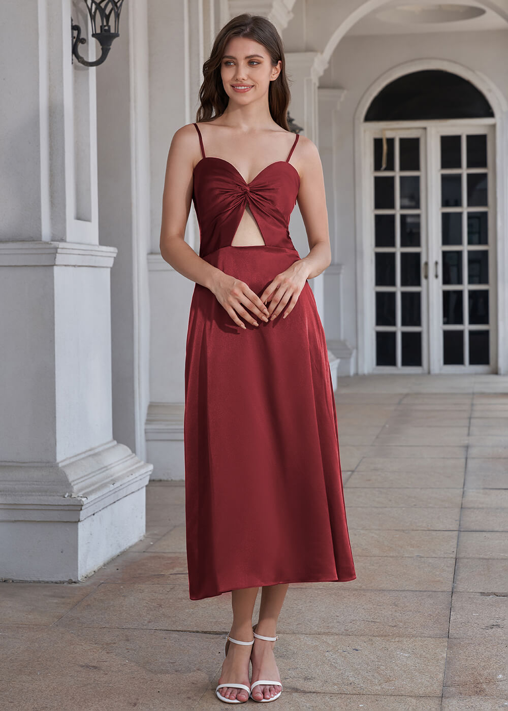 Tea Length A-line Sweetheart Neck Spaghetti Strap Bridesmaid Dress