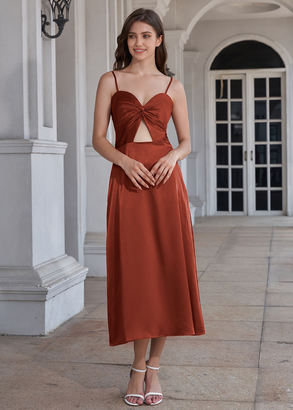 Tea Length A-line Sweetheart Neck Spaghetti Strap Bridesmaid Dress